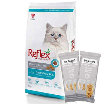 Reflex Sterilised Somonlu Kısırlaştırılmış Kedi Maması 15 Kg + 2 Adet Dr Sacchi 4 lü Creamy Ödül