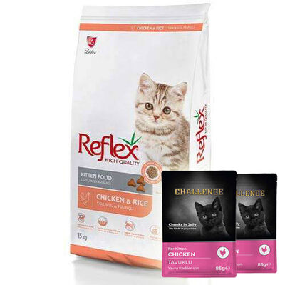 Reflex Kitten Tavuklu Yavru Kedi Maması 15 Kg + 5 Adet Challenge Pouch 85 Gr Yaş Mama