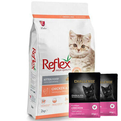 Reflex Kitten Tavuklu Yavru Kedi Maması 2 Kg + 2 Adet Challenge Pouch 85 Gr Yaş Mama