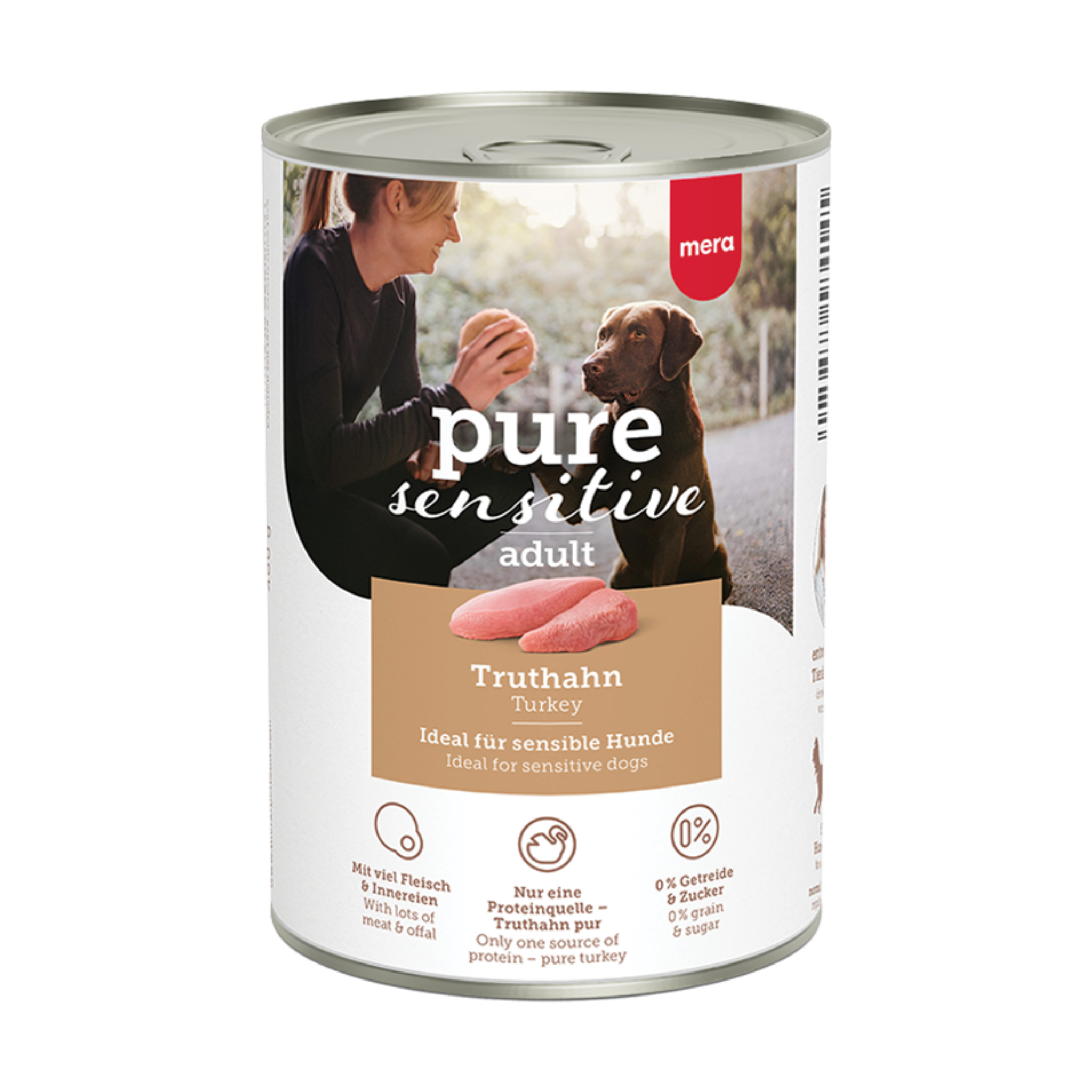 Mera Pure Sensitive Adult Hindili Köpek Konservesi 400g, yetişkin köpekler için sağlıklı, tahılsız ve katkısız ıslak mamadır. Yüksek protein ve kolay sindirim sunar.
