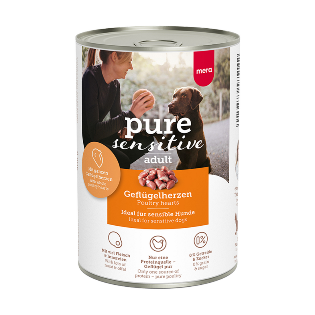 Mera Pure Sensitive Adult Kümes Hayvanlı Yürekli Köpek Konservesi 400g, yetişkin köpekler için sağlıklı, tahılsız ve katkısız ıslak mamadır. Yüksek proteinle öne çıkar.
