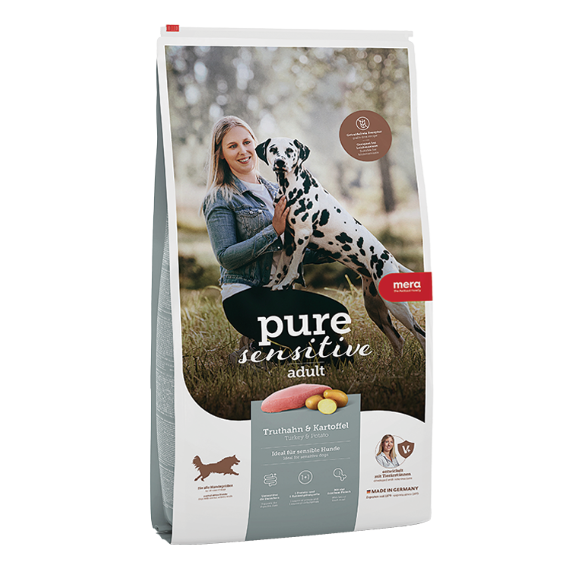Mera Pure Sensitive Hindili ve Patatesli Yetişkin Köpek Maması 12.5Kg, tahılsız ve katkısız formülüyle hassas sindirimli köpekler için sağlıklı, yüksek proteinli kuru mamadır.
