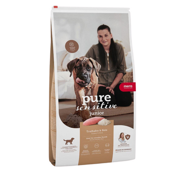 Mera Pure Sensitive Junior 4 Kg hindili ve pirinçli yavru köpek maması. Sindirim hassasiyeti olan yavrular için tek proteinli, glutensiz ve sağlıklı gelişim desteği. Şimdi sipariş verin!