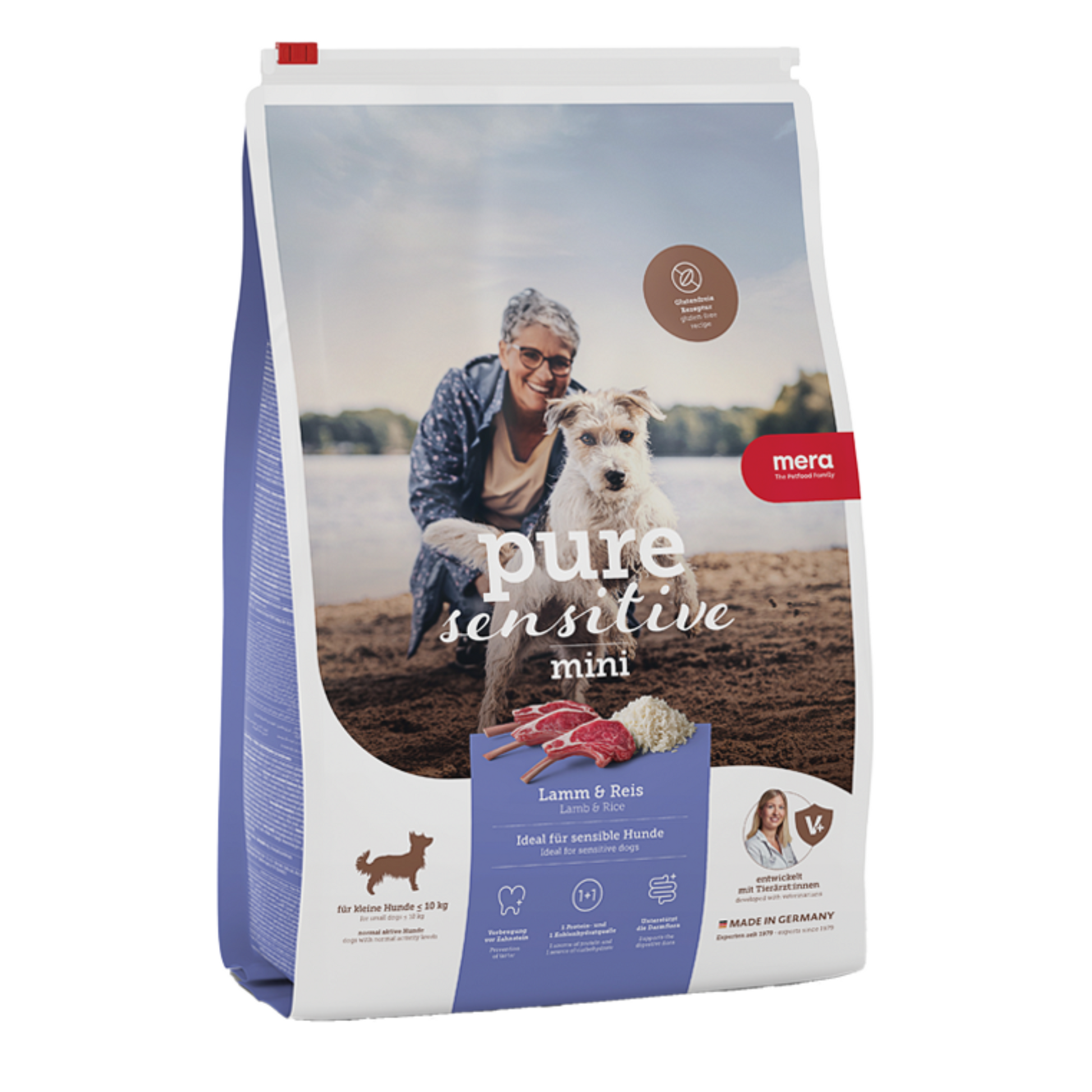 Mera Pure Sensitive Mini Irk Kuzu & Pirinçli 4 Kg köpek maması. Mini ırk yetişkin köpekler için tahılsız, gluten içermeyen, LID formüllü ve diş sağlığını destekleyen tam beslenme.
