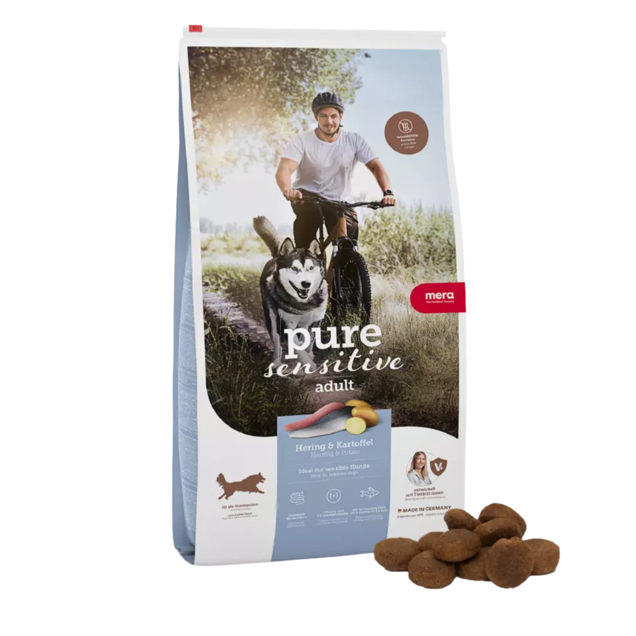 Mera Pure Sensitive Ringa Balıklı ve Patatesli Yetişkin Köpek Maması 12,5 Kg  Tahılsız, tek kaynak herring proteini & patatesle formüle edilmiştir. %24 protein, hassas sindirim ve düşük buğday‑gluten içeriği ile ideal seçenek.