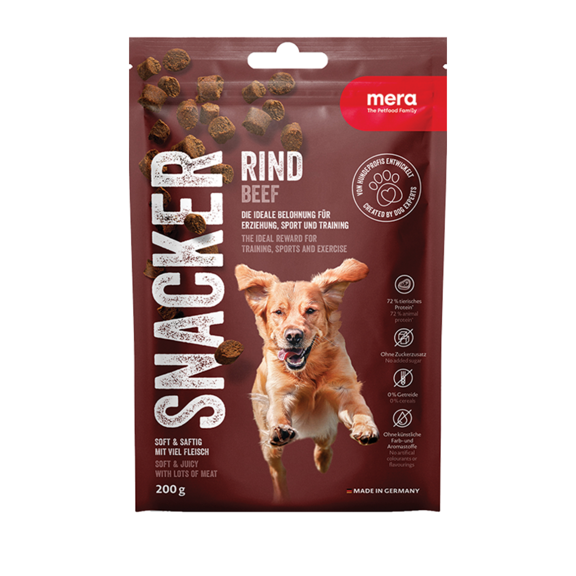 Mera Pure Sensitive Sığır Snacker Islak Ödül 200g, tüm köpekler için tahılsız, katkısız ve yüksek proteinli ödüldür. Eğitim ve antrenman için ideal atıştırmalık.
