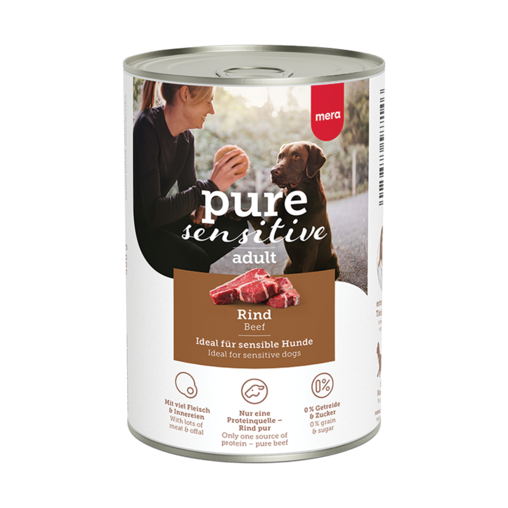 Mera Pure Sensitive Sığırlı 400 g konserve mama. %100 hayvansal protein, tahılsız formül ve sulu dokusuyla hassas sindirime yardımcı olur. Yetişkin köpeğiniz için sağlıklı seçim!
