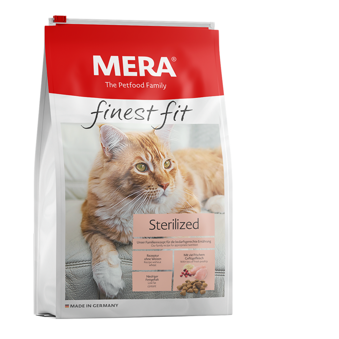 Düşük yağlı ve yüksek proteinli MERA Sterilised kuru kedi maması, kısırlaştırılmış kedilerin kilo kontrolü ve sağlıklı yaşamı için geliştirilmiş tavuklu formül