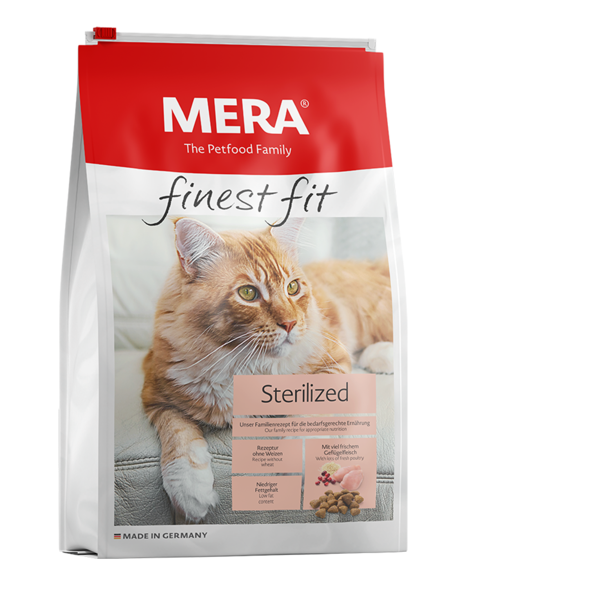 Düşük yağlı ve yüksek proteinli MERA Sterilised kuru kedi maması, kısırlaştırılmış kedilerin kilo kontrolü ve sağlıklı yaşamı için geliştirilmiş tavuklu formül