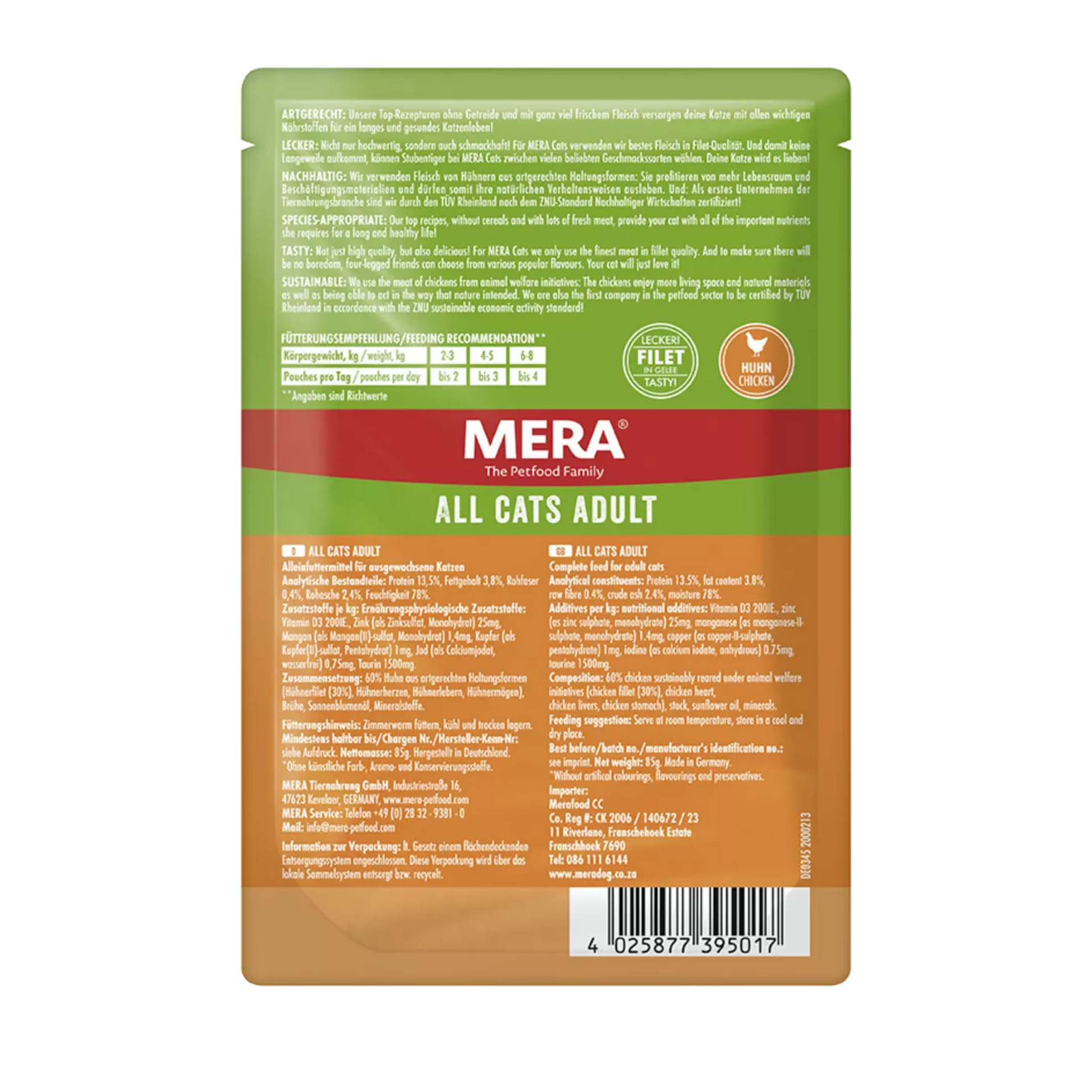 Mera Tahılsız Tavuklu Pouch 85 gr, %60 tavuk eti içeren, katkısız ve tahılsız yaş kedi maması. Hassas kediler için ideal, sağlıklı ve lezzetli seçim! Şimdi sipariş verin.
