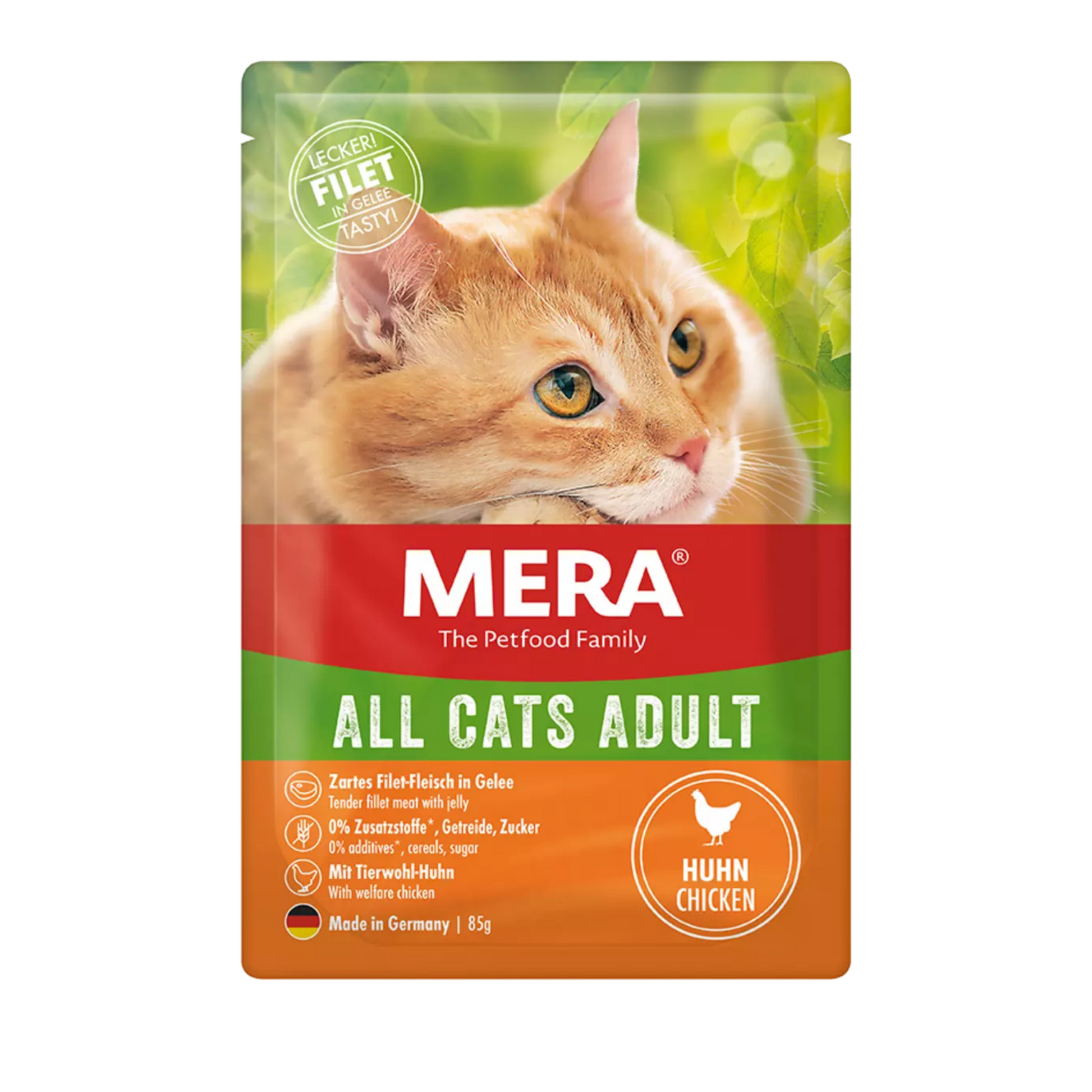 Mera Tahılsız Tavuklu Pouch 85 gr, %60 tavuk eti içeren, katkısız ve tahılsız yaş kedi maması. Hassas kediler için ideal, sağlıklı ve lezzetli seçim! Şimdi sipariş verin.
